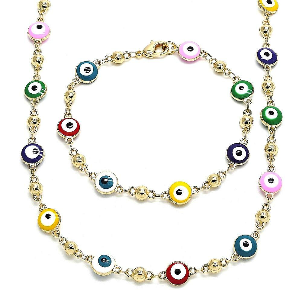 14K GOLD PLATED 18" & 7 1/2" SET W/ MULTI-COLOR ROUND EVIL EYES CONNECTED M456