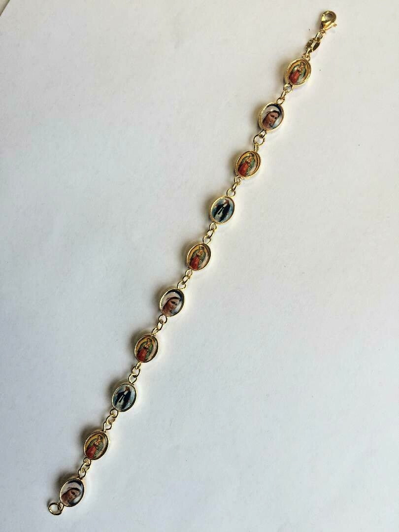 14K GOLD PLATED 7.5" BRACELET OF LINKED OVALS OF RELIGIOUS IMAGES J363