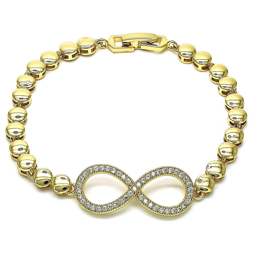14K GOLD PLATED 8" BRACELET W/WHITE MICRO PAVE INFINITY SYMBOL & SNAP CLASP M665