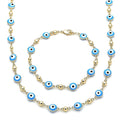 14K GOLD PLATED NECKLACE BRACEET SET WITH TURQOISE COLOR ROUND EVIL EYES M358