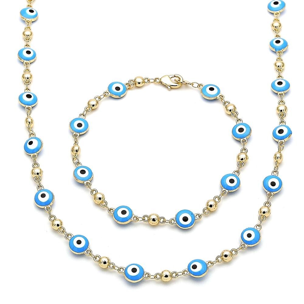 14K GOLD PLATED NECKLACE BRACEET SET WITH TURQOISE COLOR ROUND EVIL EYES M358