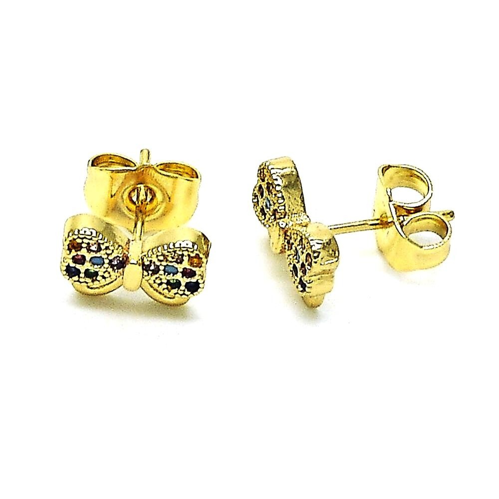 14K GOLD PLATED STUD EARRING / BOW DESIGN WITH MULTI COLOR MICRO PAVE CZ M577