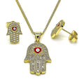 14K GOLD PLATED EARRING PENDANT & 18" SET HAMSA W/RED ENAMEL HEART EVIL EYE M566