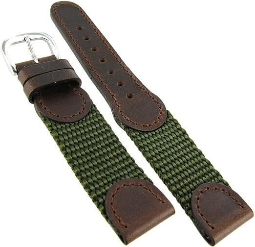 19mm MS866 Olive Hadley-Roma Mens Leather & Nylon Army Watch Band Strap Military