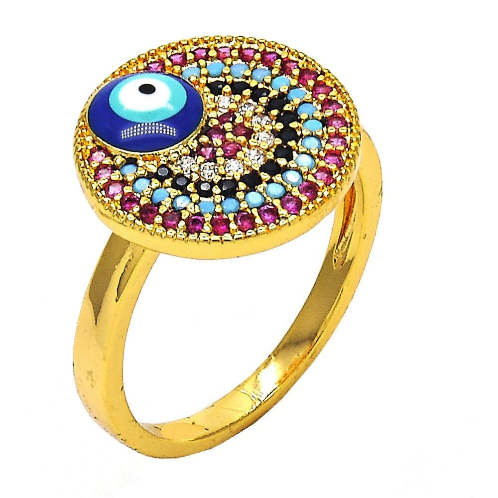 14K GOLD PLATED EVIL EYE RING WITH COLORED MICRO PAVE CZ SIZES 7, 7.5, 8.5 M131