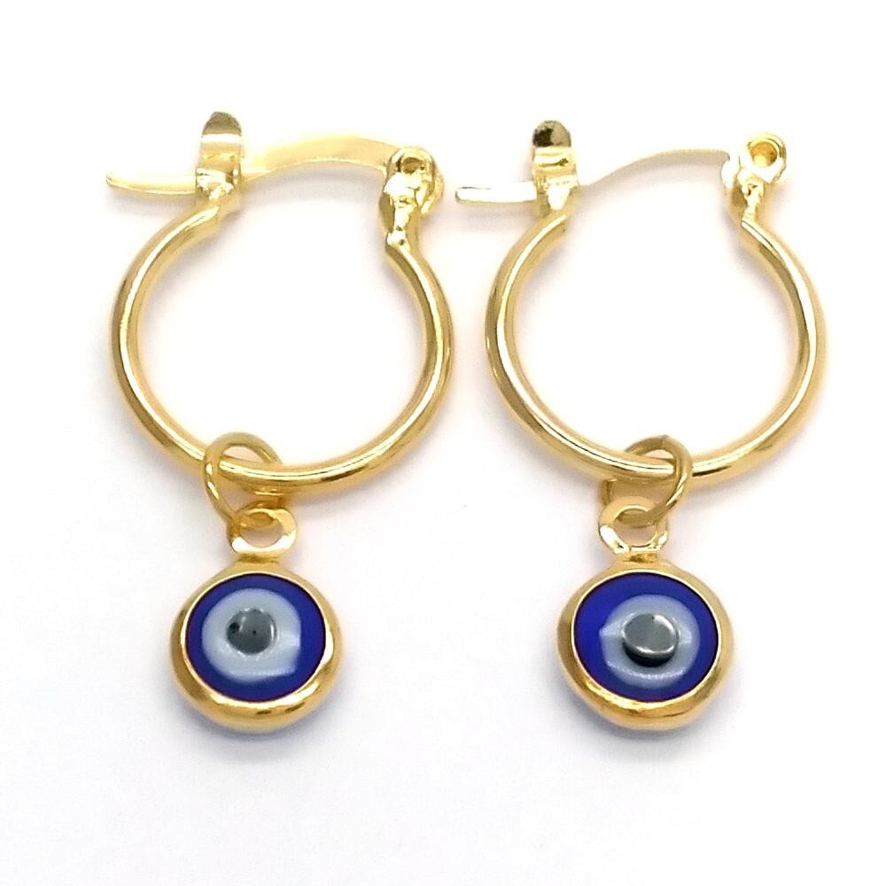 14K GOLD PLATED 2 X 12 MM HOOP WITH ROUND BLUE ENAMEL EVIL EYE CHARM DANGLE M644