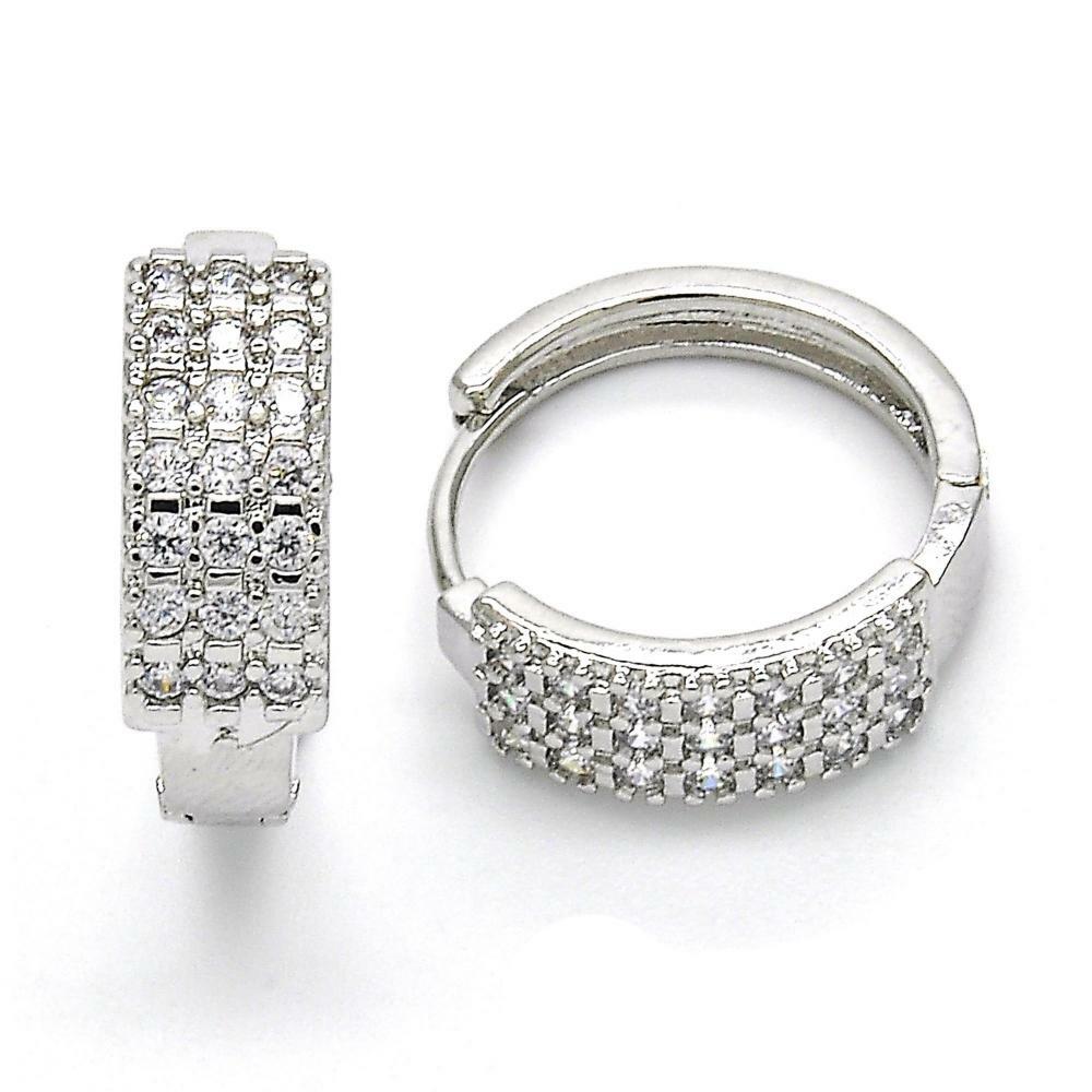 14K WHITE GOLD PLATED HUGGIE HOOP EARRING 20 X 20 X 6.6 MM/ 3 ROWS WHITE CZ M119