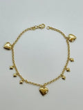14K GOLD PLATED 9.5" ANKLET W/ 6 5MM & 3 11 MM PUFFED HEART CHARMS DANGLING SA15