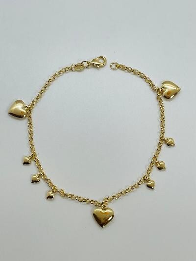 14K GOLD PLATED 9.5" ANKLET W/ 6 5MM & 3 11 MM PUFFED HEART CHARMS DANGLING SA15