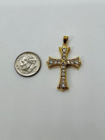 14K GOLD PLATED PENDANT CROSS SET WITH WHITE CZ 1.5" HIGH X 7/8" WIDE SP21