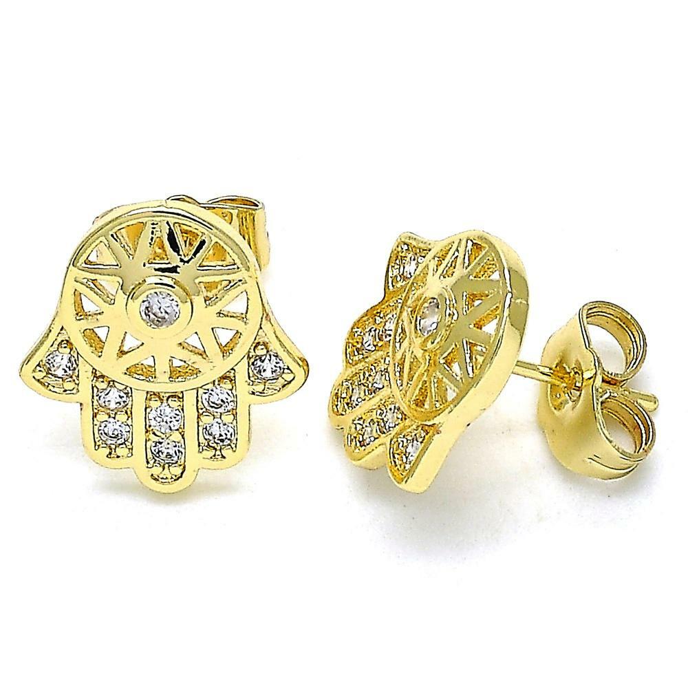 14K GOLD PLATED STUD EARRING HAMSA DESIGN WITH HIGH POLISH AND WHITE CZ M311