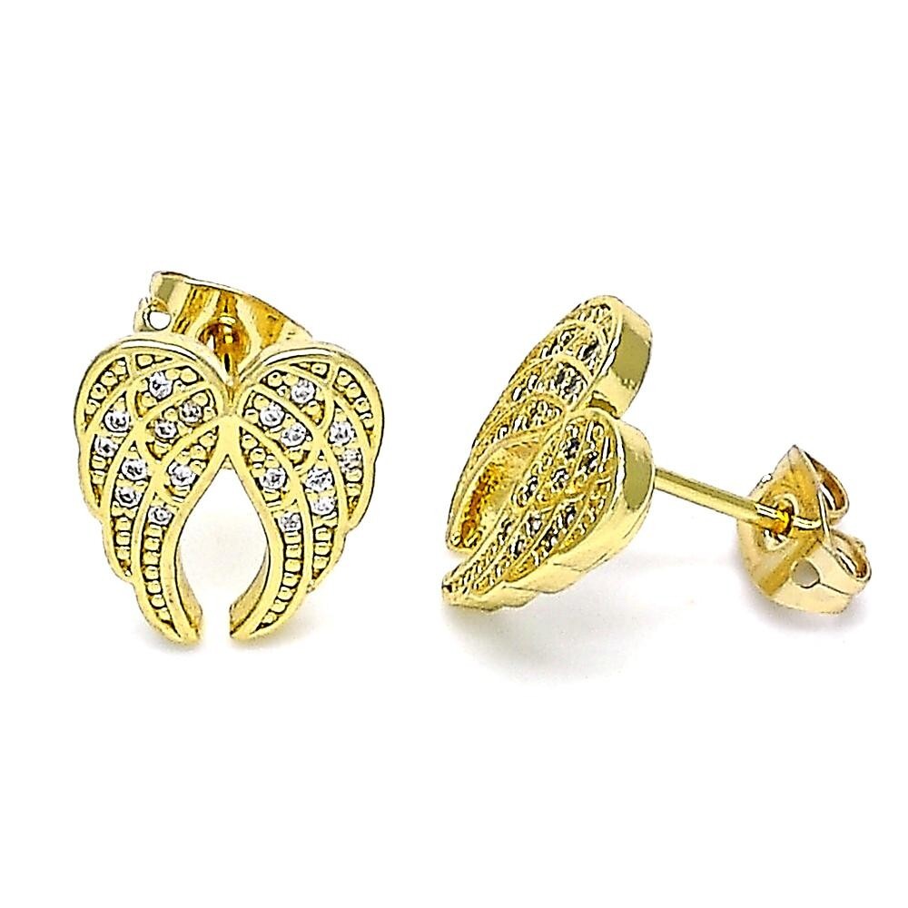 14K GOLD PLATED STUD EARRIING ANGEL WINGS DESIGN WITH WHITE MICROPAVE CZ M572