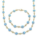 14K GOLD PLATED 18" & 8" SET W/ TURQUOISE COLOR ROUND EVIL EYES CONNECTED M454