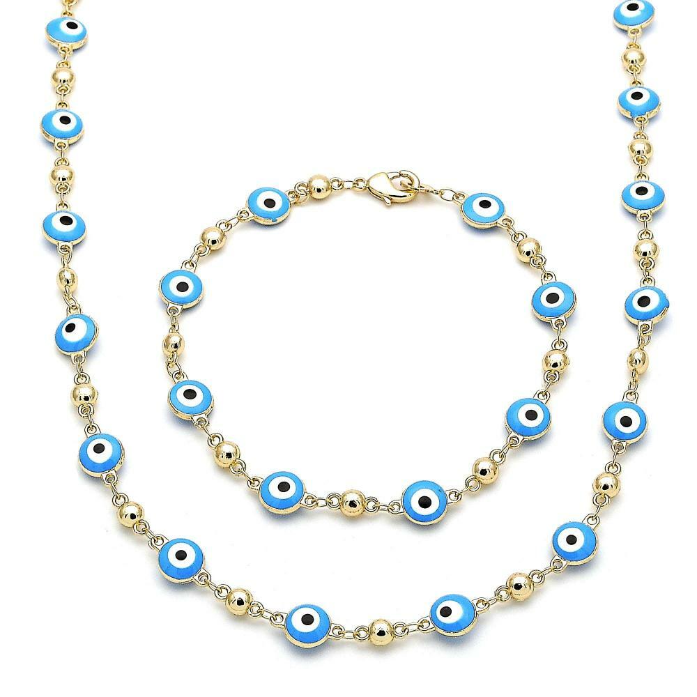 14K GOLD PLATED 18" & 8" SET W/ TURQUOISE COLOR ROUND EVIL EYES CONNECTED M454
