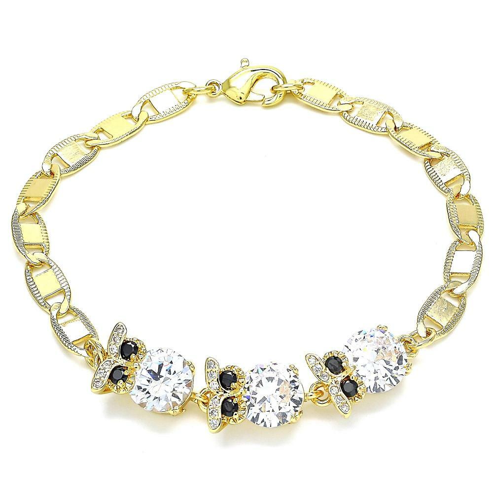 14K GOLD PLATED 7" FLAT MARINER LINK BRACELET W/ 3 OWLS WITH 10MM WHITE CZ M210