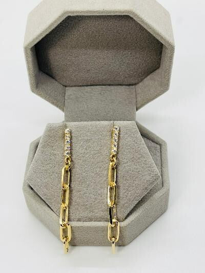 14K GOLD PLATED STUD DANGLE EARRING WITH WHITE CZ AND PAPERCLIP CHAIN LINKS SE29