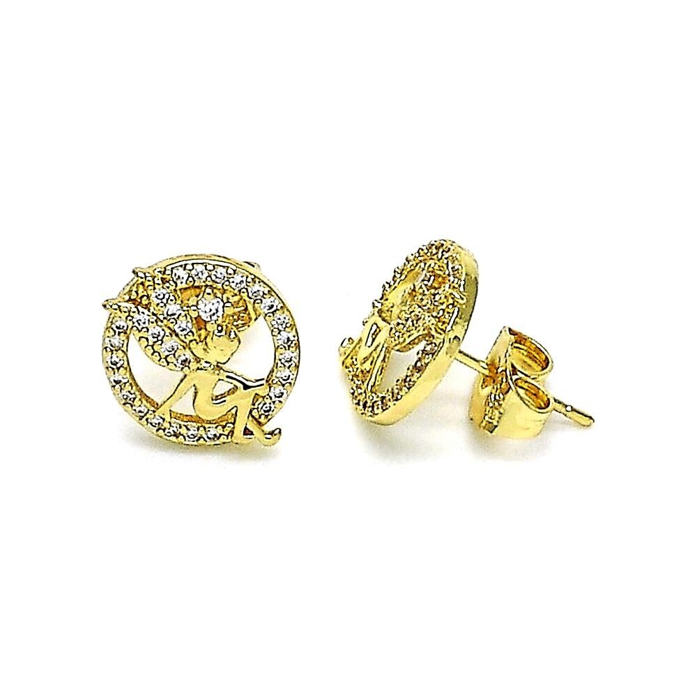 14K GOLD PLATED STUD EARRING FAIRY/ANGEL IN CIRCLE WITH WHITE MICRO PAVE CZ M622