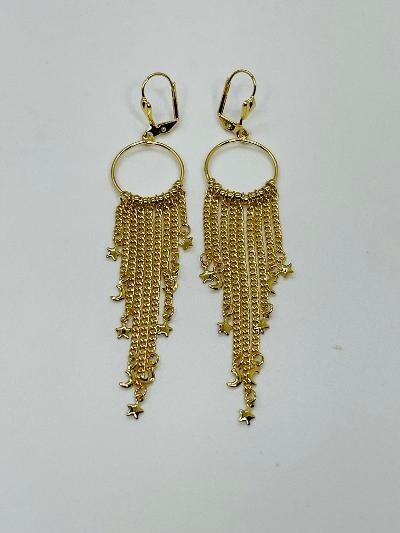14K GOLD PLATED 3 1/2" DANGLE EARRINGS W/ CHAIN FRING W/ MOON & STAR CHARMS SE23