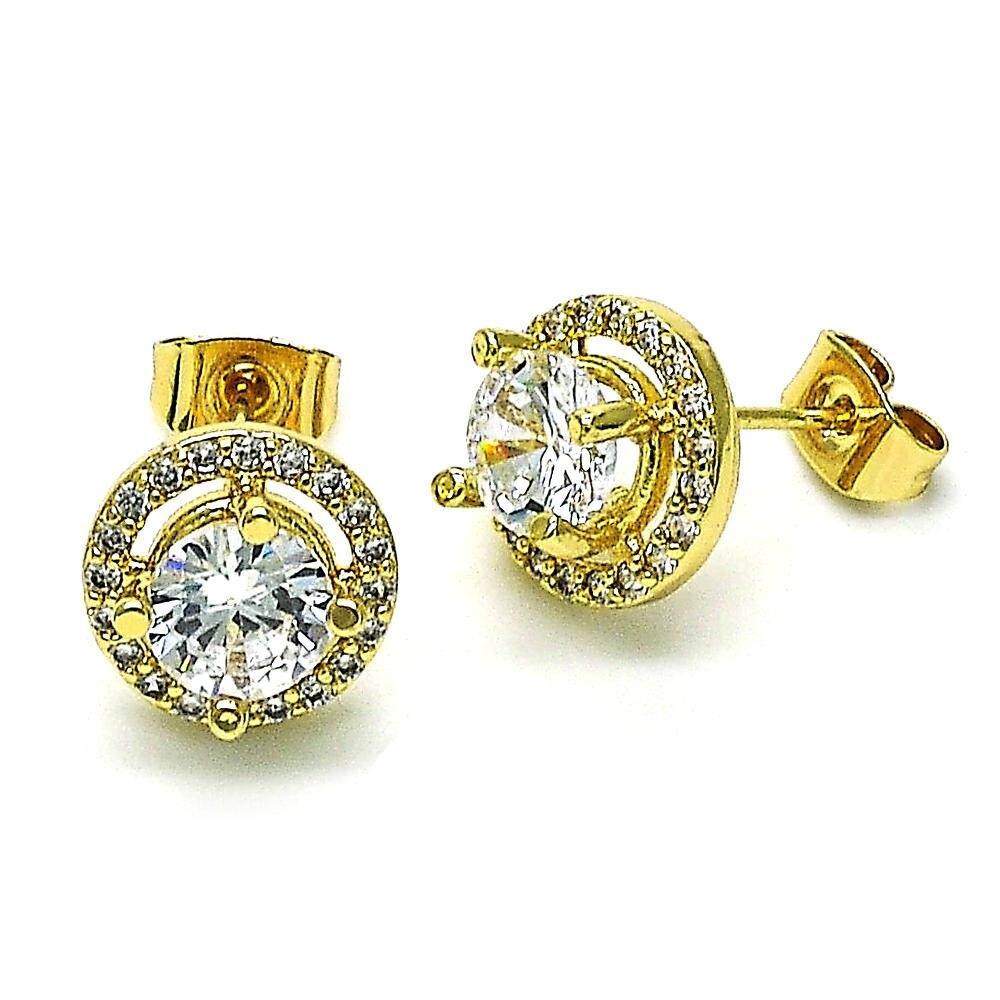 14K GOLD PLATED STUD EARRIING 11.5 MM WHITE CZ CIRCLE W/ 7 MM WHITE CZ M607