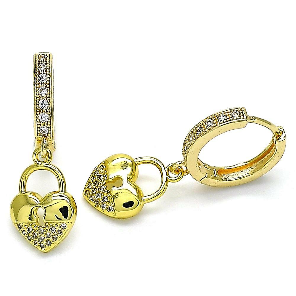 14K GOLD PLATED CZ HUGGIE HOOP W/ WHITE MICROPAVE HEART W/ KEYHOLE DANGLES M275