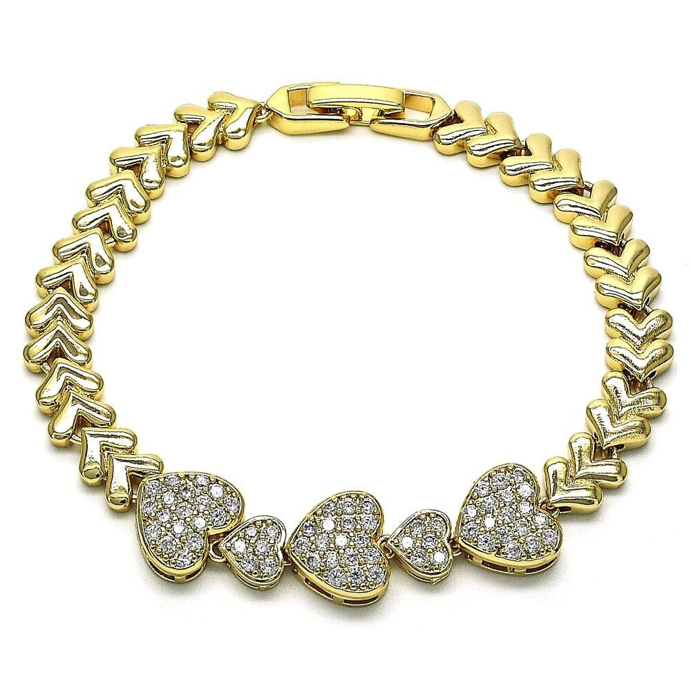 14K GOLD PLATED 7" BRACELET W/5 WHITE MICRO PAVE HEARTS LINKED & SNAP CLASP M666