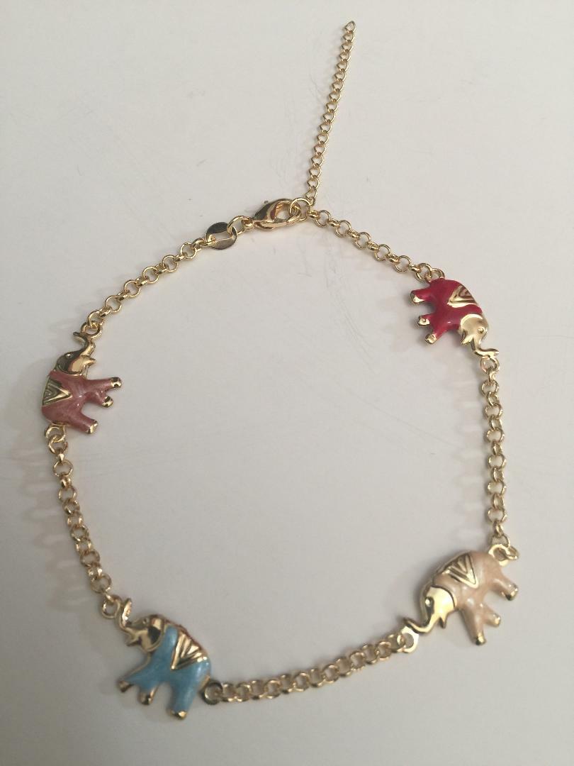 14 K GOLD PLATED ANKLET 10"-12" W/ 4 MULTI COLOR ELEPHANTS IN ROLO CHAIN J 411
