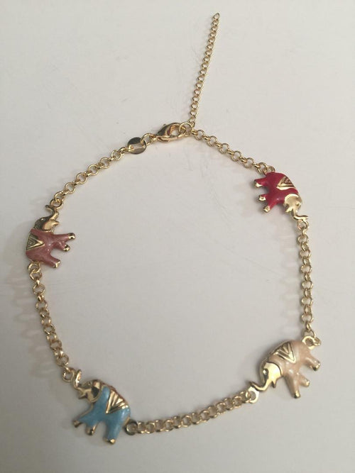 14 K GOLD PLATED ANKLET 10"-12" W/ 4 MULTI COLOR ELEPHANTS IN ROLO CHAIN J 411