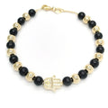 14K GOLD PLATED 7" BRACELET W/HAMSA AND 6 MM ALTERNATING BLACK & GOLD BEADS M672