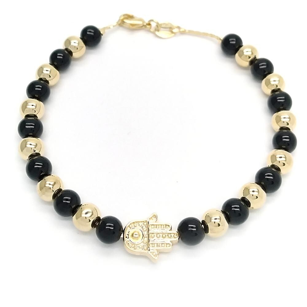 14K GOLD PLATED 7" BRACELET W/HAMSA AND 6 MM ALTERNATING BLACK & GOLD BEADS M672