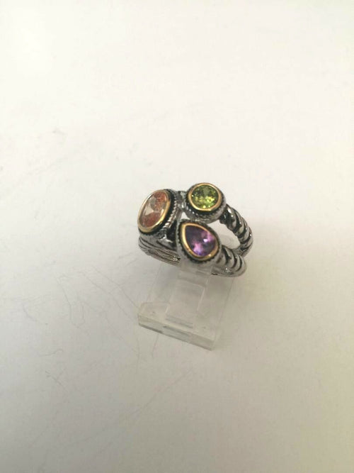 .925 STERLING SILVER PLATED RING WITH WITH 3 MULTI COLORED CZ STONES J 433
