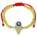 14K GOLD PLATED 7"-11" RED CORD BRACELET W/HAMSA W/WHITE CZ & BLUE EVIL EYE M485