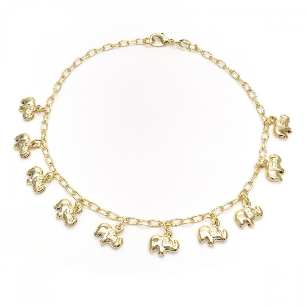 14K GOLD PLATED 9.5" ANKLET W/ 10 ELEPHANT CHARMS DANGLING M431