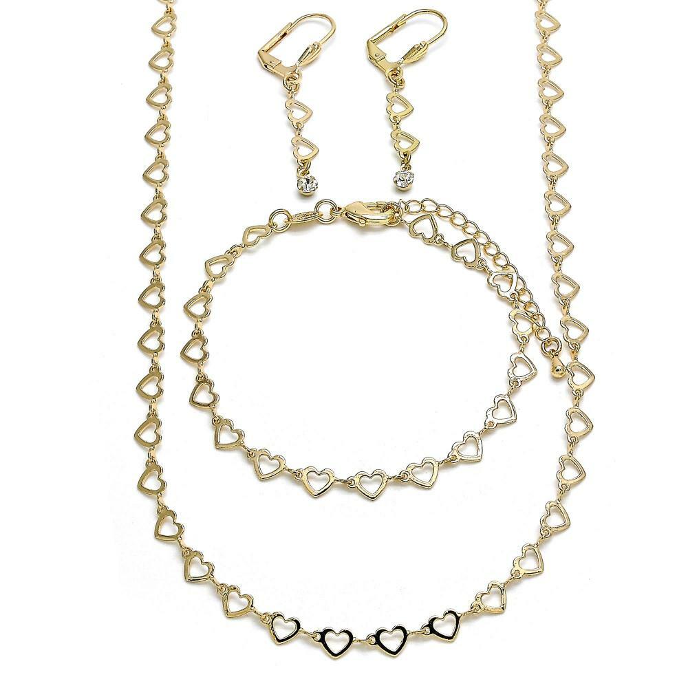 14K GOLD PLATED NECKLACE BRACELET EARRING SET W/ OPEN HEARTS CONNECTED M457