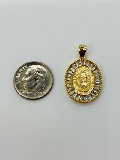 14K GOLD PLATED PENDANT MARY MEDAL WITH BAUGETTE SHAPE WHITE CZ ALL AROUND SP9