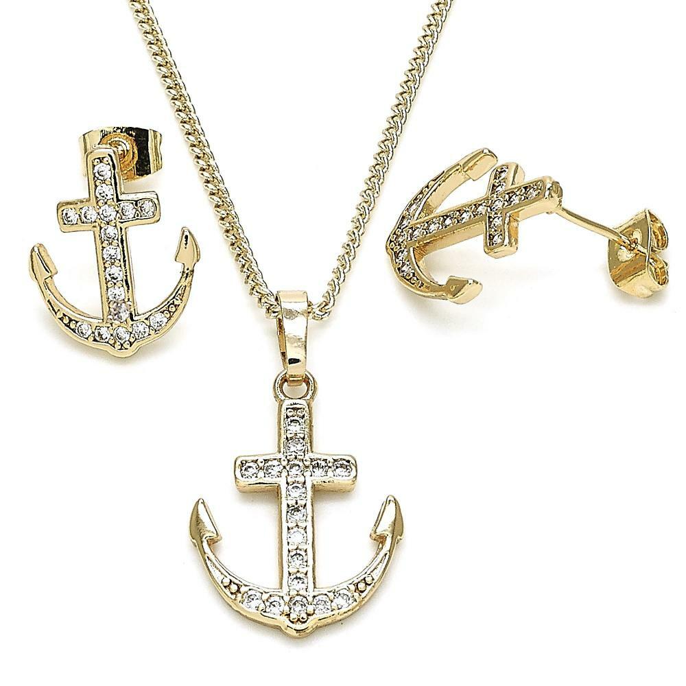 14 K GOLD PLATED EARRING & PENDANT SET ANCHOR DESIGN / WHITE CZ & 18" CHAIN M2