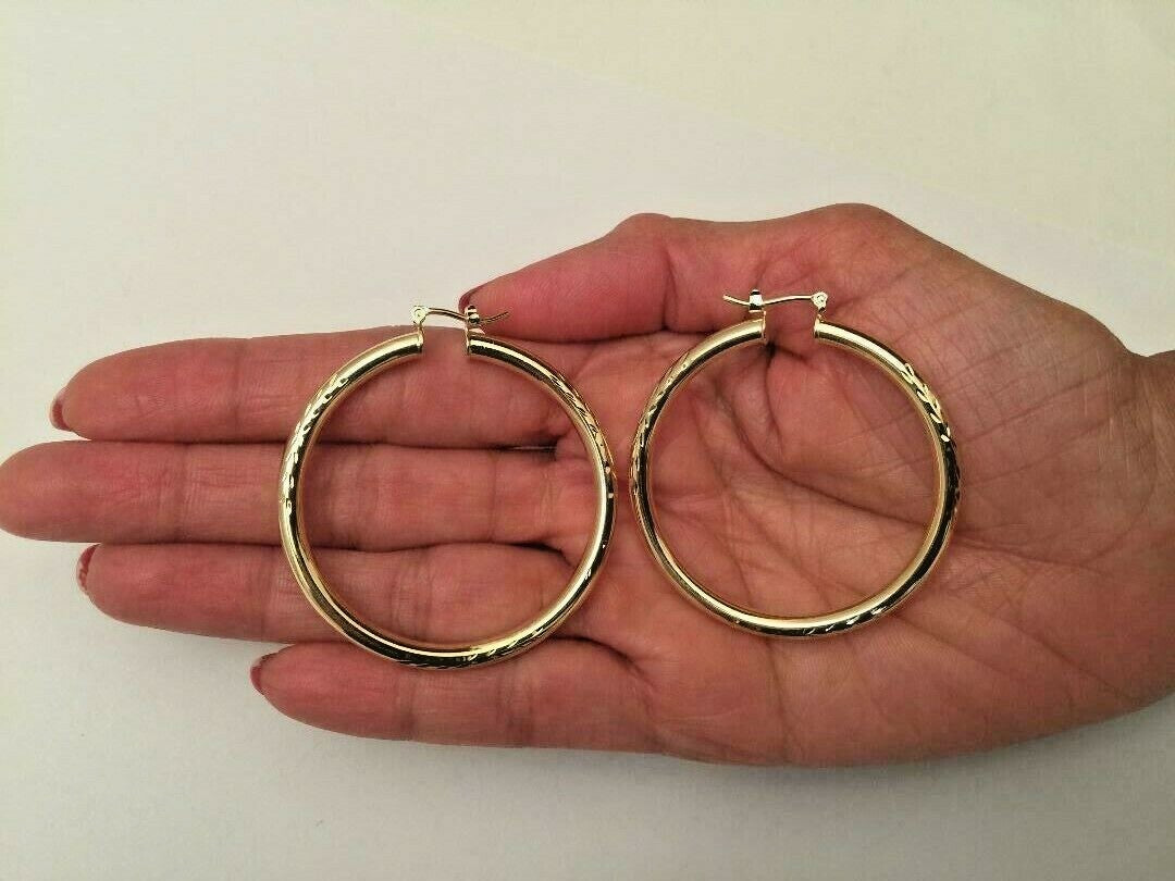 14 K GOLD PLATED HOOPS 3 MM X 48 MM W/ DIAMOND CUTS AND SNAP IN CLOSING J 399