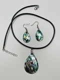 ABALONE SHELL TEAR DROP SHAPE PENDANT ON BLACK CORD W/ MATCHING EARRINGS SSET1A