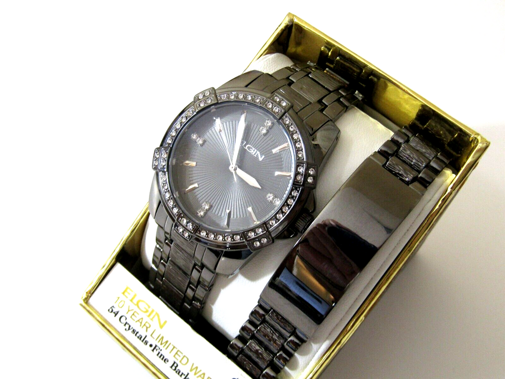 Elgin Man Black-tone Many Austrian Crystals Dress Watch And Bracelet FG10009GNST