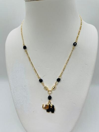 14K GOLD PLATED 18" FIGARO CHAIN W/BLACK BEADS & BLACK & GOLD ELEPHANT CHARM SN2
