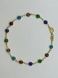 14K GOLD PLATED 10" ANKLET WITH MULTI-COLOR EVIL EYES LINKED TOGETHER SA5