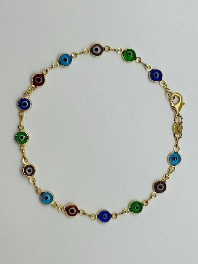14K GOLD PLATED 10" ANKLET WITH MULTI-COLOR EVIL EYES LINKED TOGETHER SA5