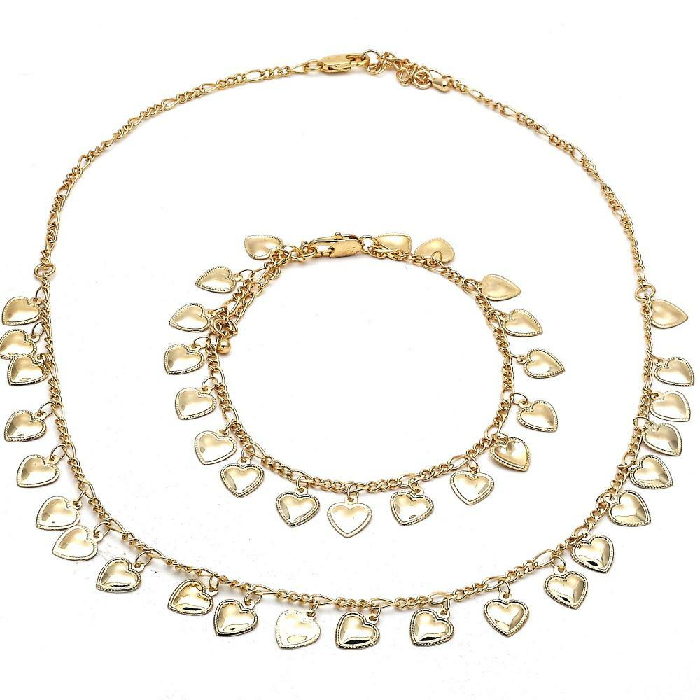 14K GOLD PLATED NECKLACE BRACELET SET W/ HIGH POLISHED HEARTS DANGLING M451
