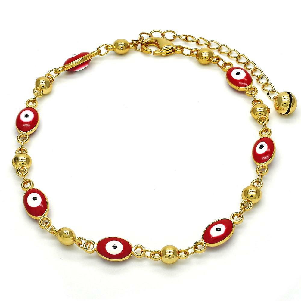 14K GOLD PLATED 8"+2" ANKLET WITH RED OVAL SHAPE EVIL EYES CONNECTED M403
