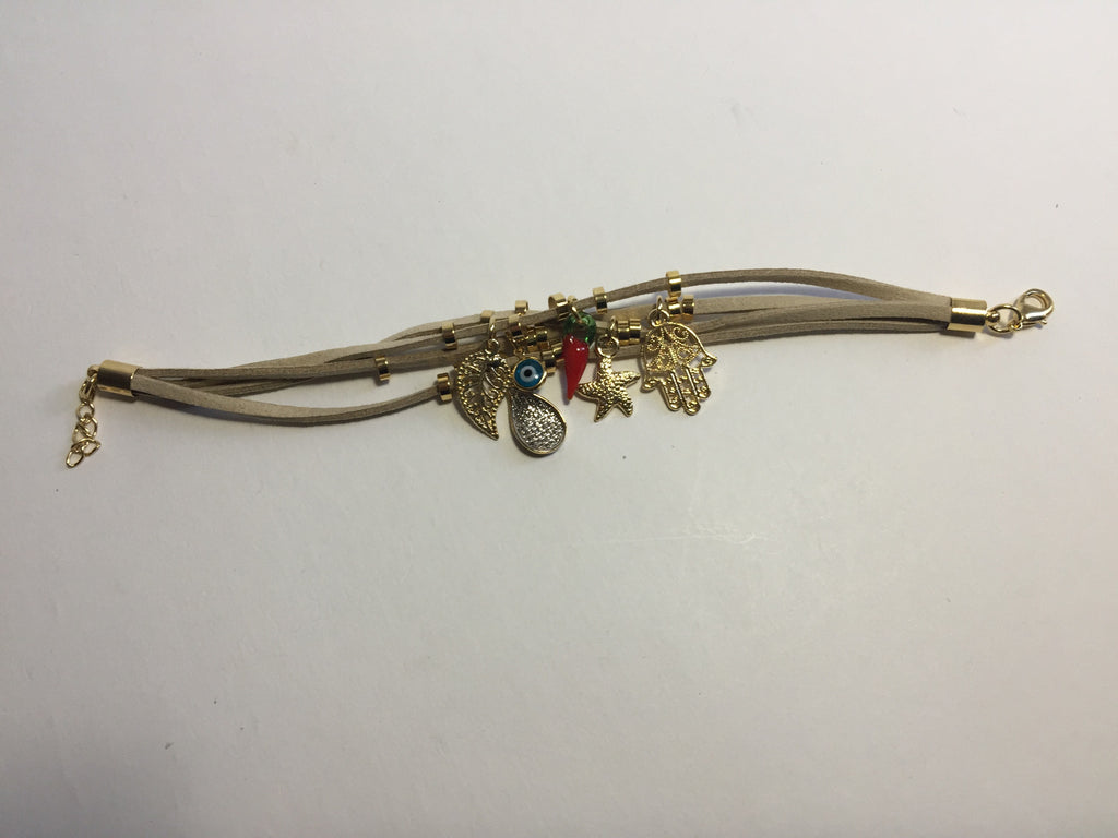 14K GOLD PLATED BRACELET WITH CHARMS DANGLING FROM 4 STRANDS OF BROWN SUEDE J216