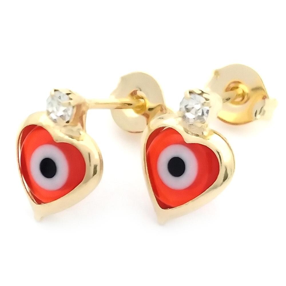 14K GOLD PLATED STUD EARRING 11 MM RED ENAMEL EVIL EYE WITH WHITE CZ M544