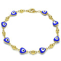 14K GOLD PLATED 8" BRACELET WITH HEART SHAPE BLUE EVIL EYES CONNECTED M385