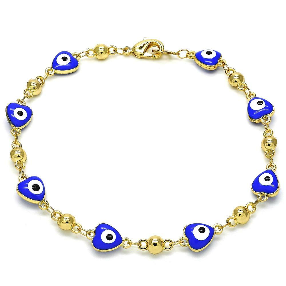 14K GOLD PLATED 8" BRACELET WITH HEART SHAPE BLUE EVIL EYES CONNECTED M385