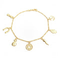 14K GOLD PLATED 9" ANKLET W/ 7 GOOD LUCK CHARMS DANGLING FROM FIGARO LINK M434