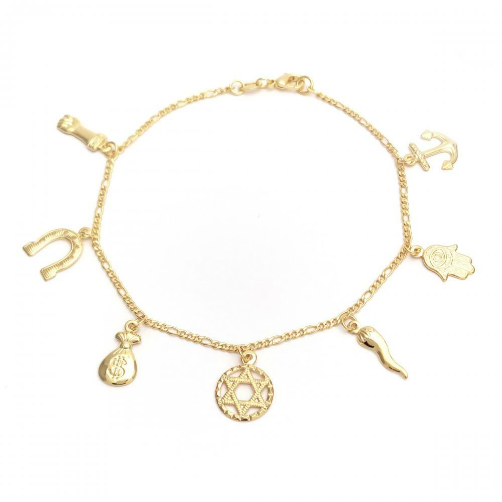 14K GOLD PLATED 9" ANKLET W/ 7 GOOD LUCK CHARMS DANGLING FROM FIGARO LINK M434