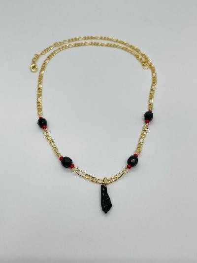 14K GOLD PLATED 18" FIGARO CHAIN WITH BLACK BEADS AND BLACK POWER FIST CHARM SN2
